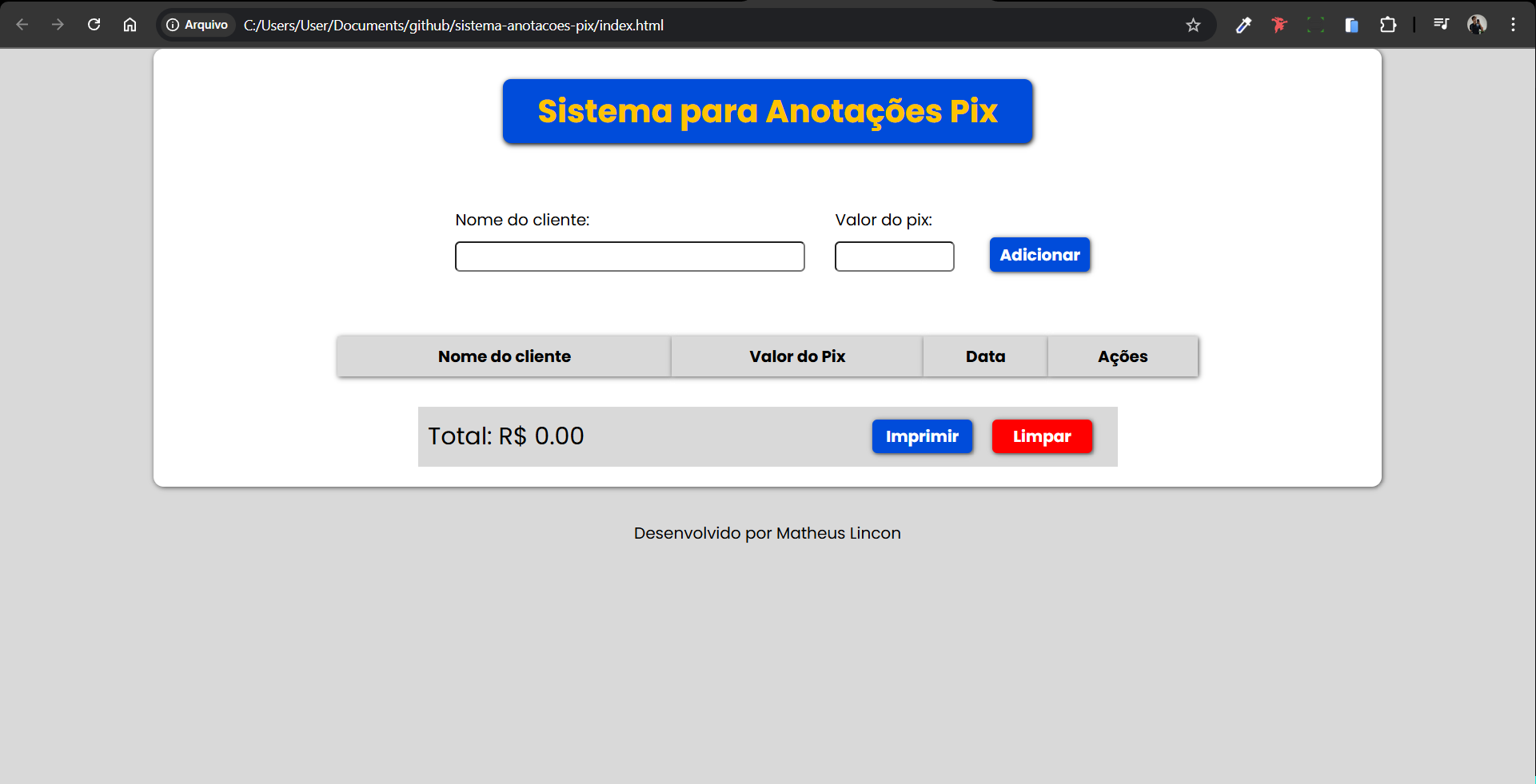 Sistema para anotações pix